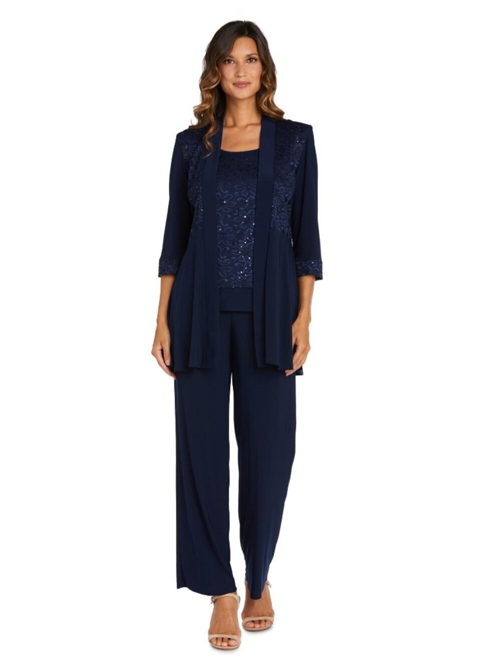 R&M Richards SZ 6 Navy 2-Piece Glitter Lace Pantsuit- Elegant Dressy Formal Set
